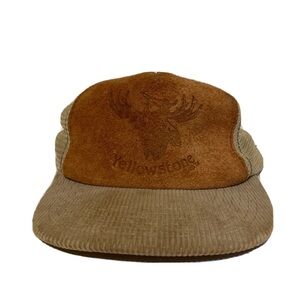 Vintage 80’s YELLOWSTONE Corduroy Snapback Trucker Hat Genuine Leather